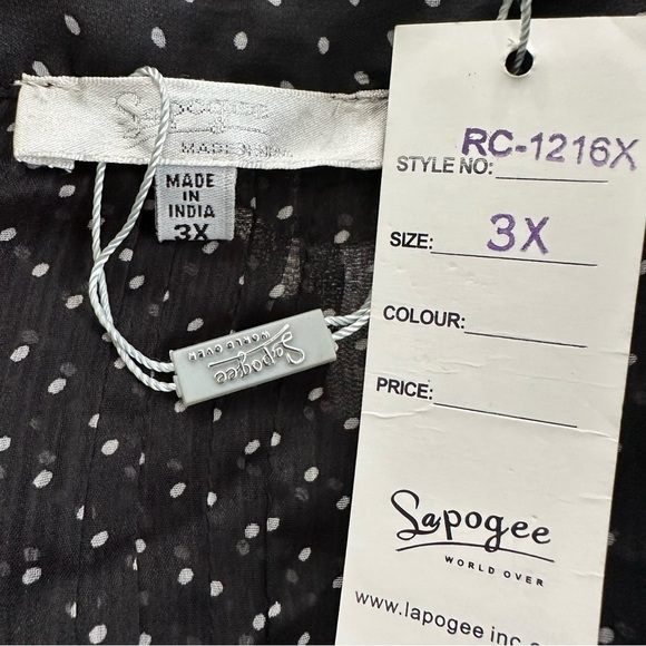 Lapogee Sheer Polka Dot V-Neck Blouse SZ 3X Black White Embellished Neckline NWT - Picture 2 of 8